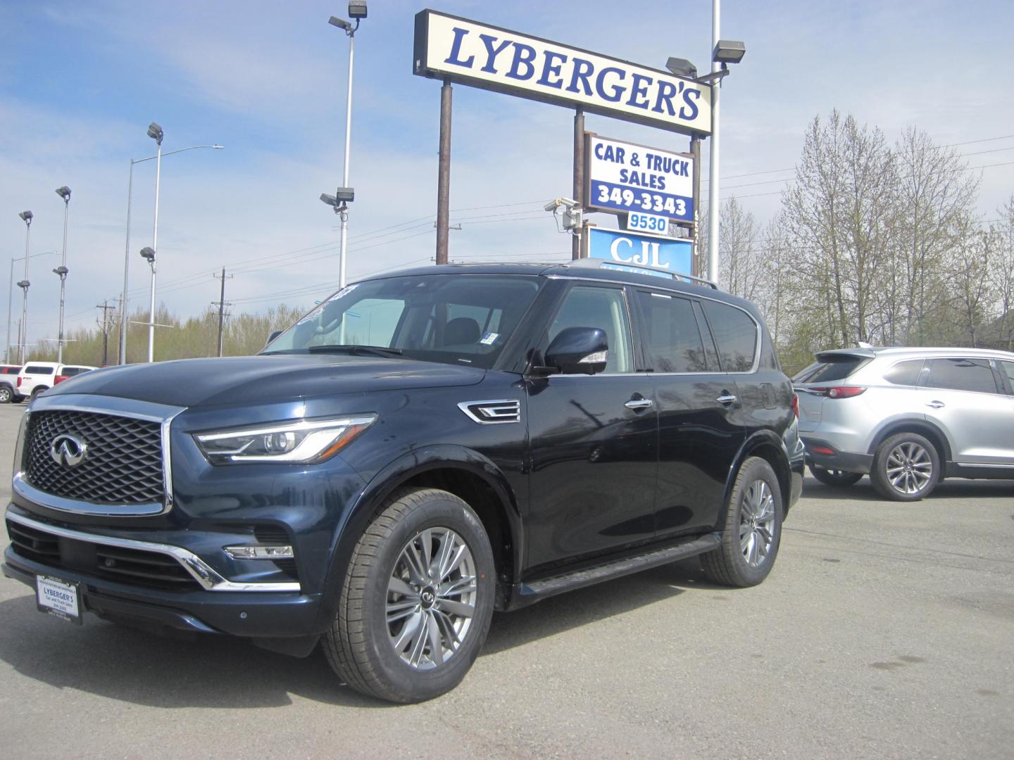 2021 blue /black Infiniti QX80 Luxe 4WD (JN8AZ2AEXM9) with an 5.6L V8 DOHC 32V engine, 7A transmission, located at 9530 Old Seward Highway, Anchorage, AK, 99515, (907) 349-3343, 61.134140, -149.865570 - INFINITI QX 80 LUXE 4WD COME TAKE A TEST DRIVE - Photo#0